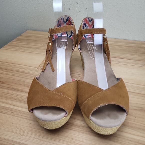 Toms Womens Brown Leather Comfort Tassels Wedge Heel Espadrille Sandal Size 9 - Picture 2 of 8
